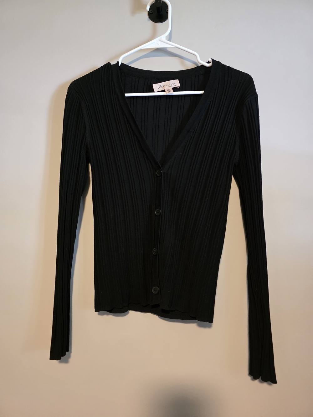 Philosophy Black Ribbed V-Neck Button-Up Cardigan